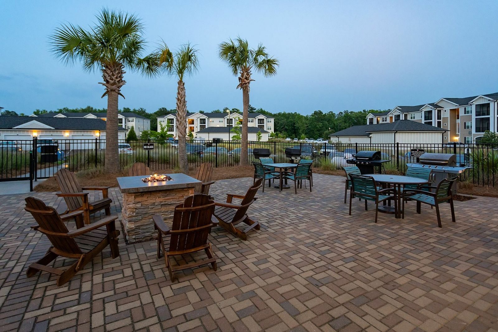 Fire pit under the palmettos at dusk, Abberly Crossing, Ladson SC